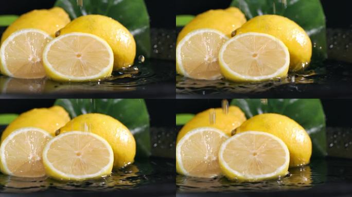 柑橘，熟透多汁的柠檬在水里，水浇在异国的水果上，水花散落在黑暗的背景上，特写