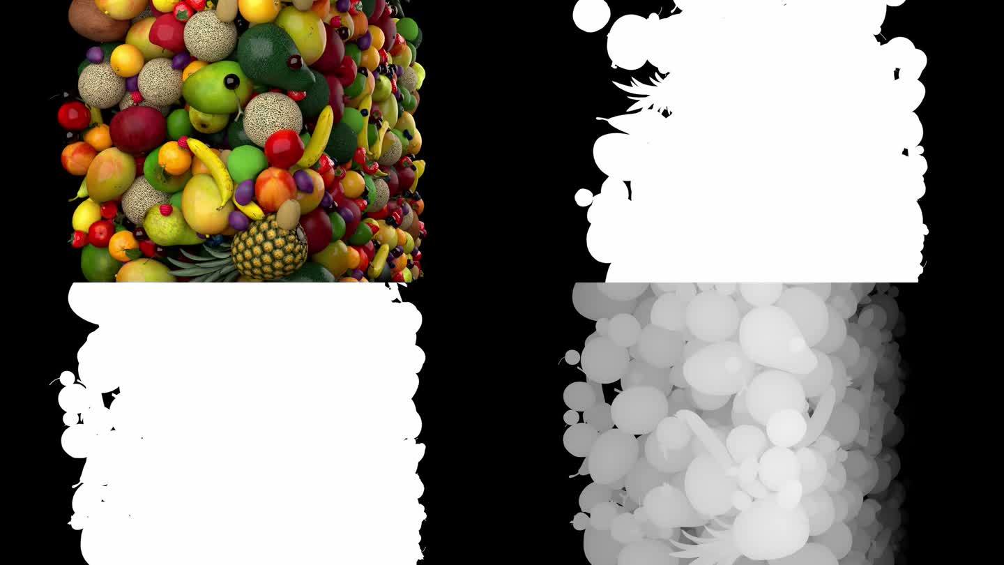 新鲜的有机水果撞到屏幕上，冻结，然后掉下来。水果的动画。