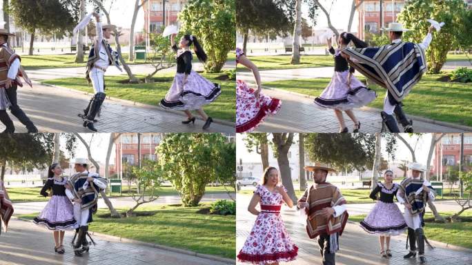 年轻的拉丁美洲夫妇跳舞奎卡民俗打扮成huasco