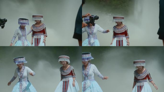 云南屏边滴水瀑布拍照的苗族美女