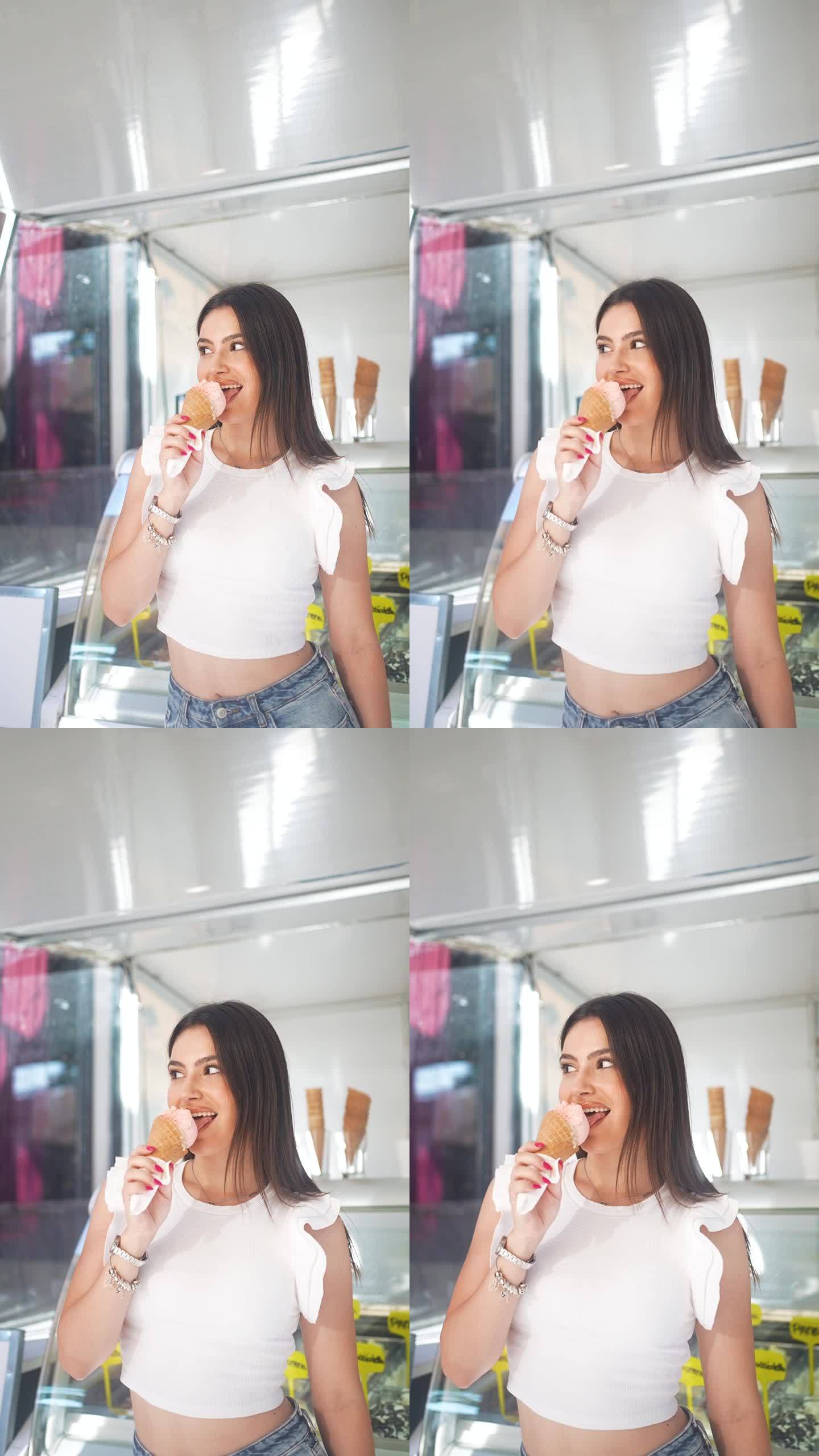 夏日里用冰淇淋提神的微笑女性