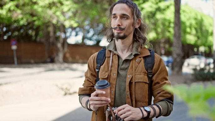 年轻的西班牙裔男子游客看手表拿着咖啡在公园