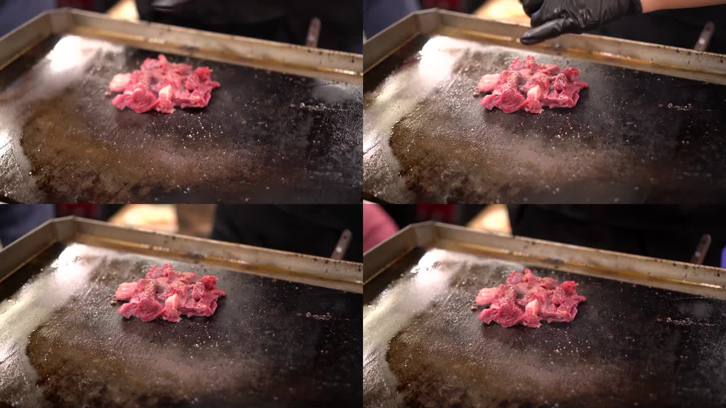 牛肉切块调味用盐和油街头食品火炬火焰烧烤烹调肉