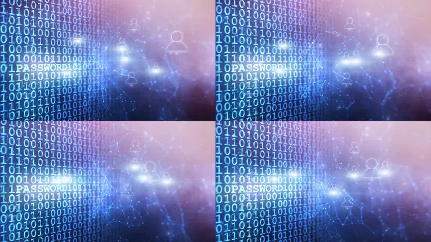 二进制代码与密码字抽象的人图标网络空间的背景。概念数字技术复制空间动画。