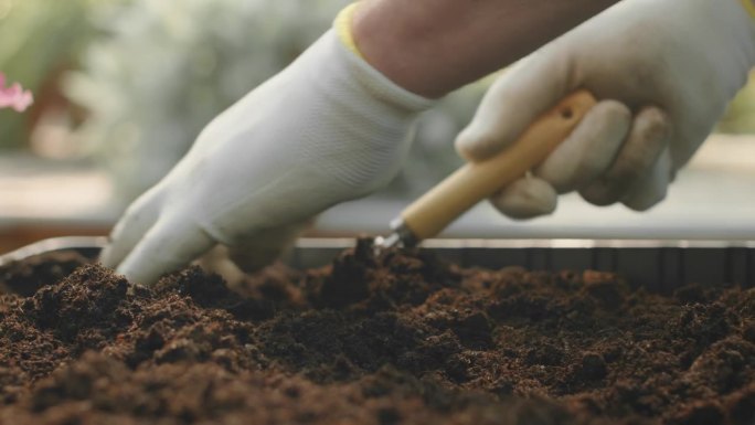 园丁用手耙松动土壤