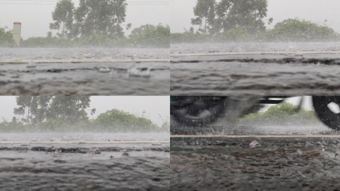 暴雨倾盆大雨滂沱乡村下暴雨公路雨景车流