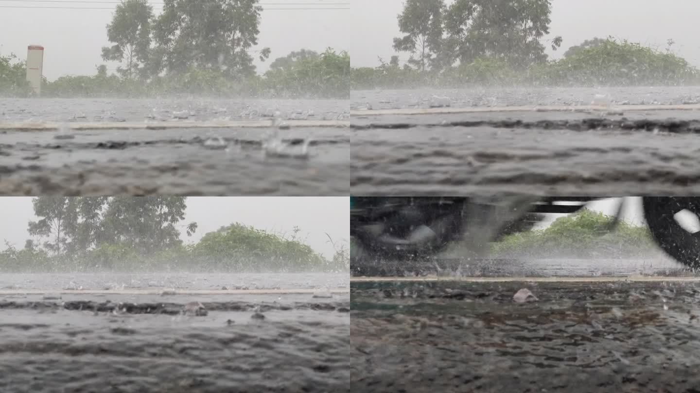 暴雨倾盆大雨滂沱乡村下暴雨公路雨景车流