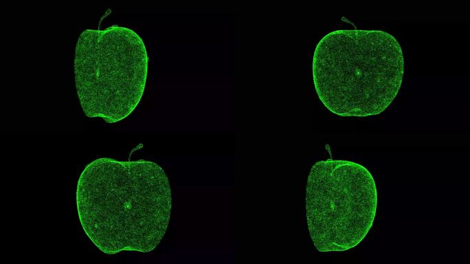 3D半个苹果在黑色背景上旋转。健康食品理念。食品市场，出售蔬菜和水果。用于标题，文本，演示。由闪闪发