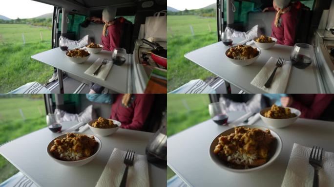 露营车上餐桌上食物的细节