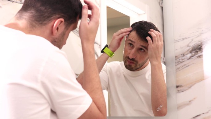 有胡子的男人站在镜子前看着自己稀疏的头发，秃顶。