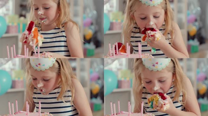 贪婪的女孩吃生日蛋糕淘气的孩子暴饮暴食吃得满嘴都是在派对上过度饥饿的4k镜头