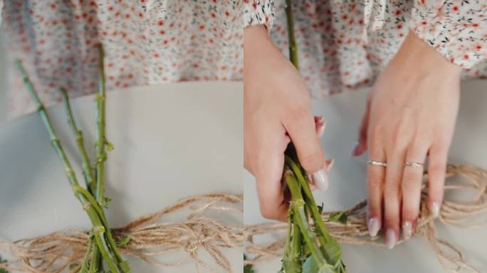 女性的手整理花茎，俯视图近距离垂直视频