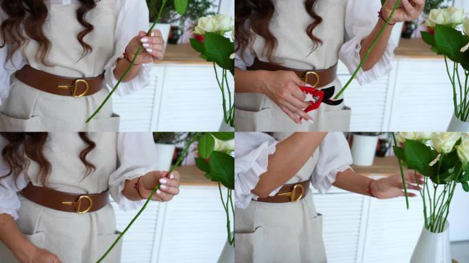 女花匠会把玫瑰的叶子剪掉，把花茎剪掉。特写镜头。