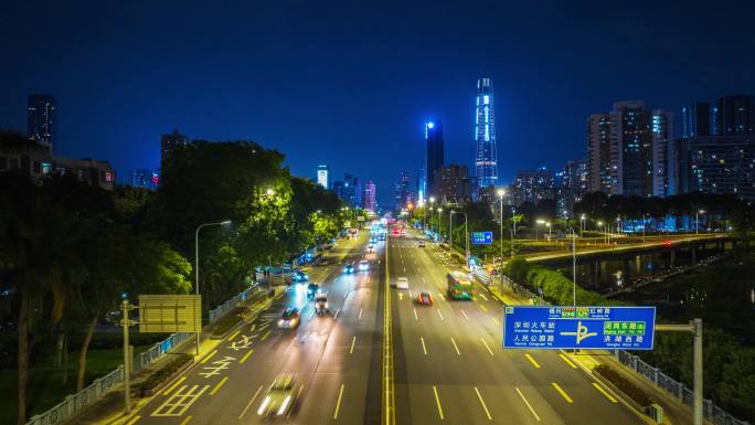 深圳罗湖区夜景马路道路车流航拍延时