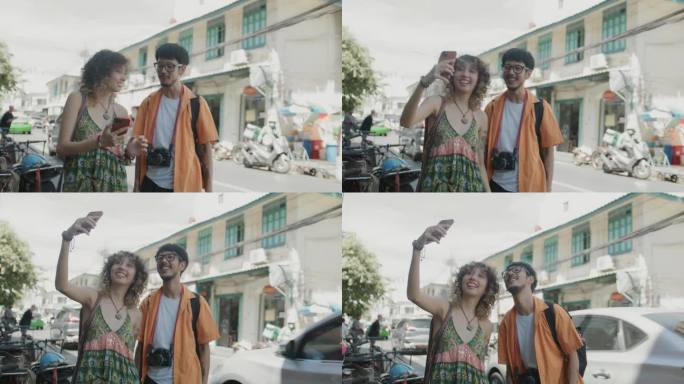 年轻的亚洲夫妇在曼谷旅行，在城市的各个地方拍照。