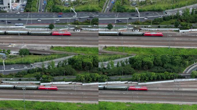 4K航拍和谐号红头绿皮火车