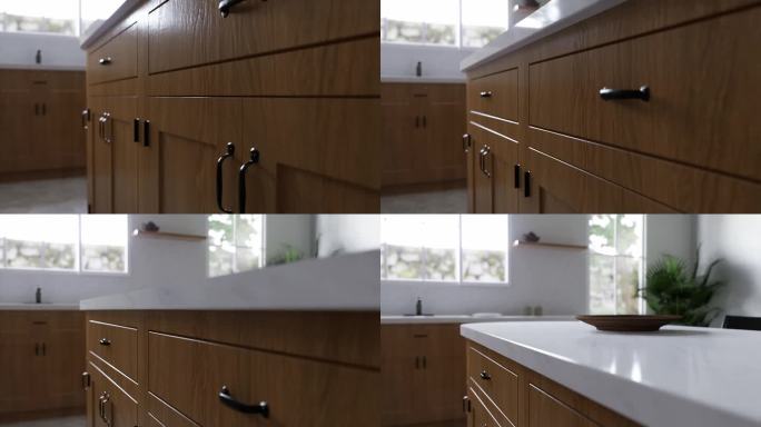 宽敞的白色大理石木制厨房。3 d动画。木质盒子、把手和桌面的特写镜头。