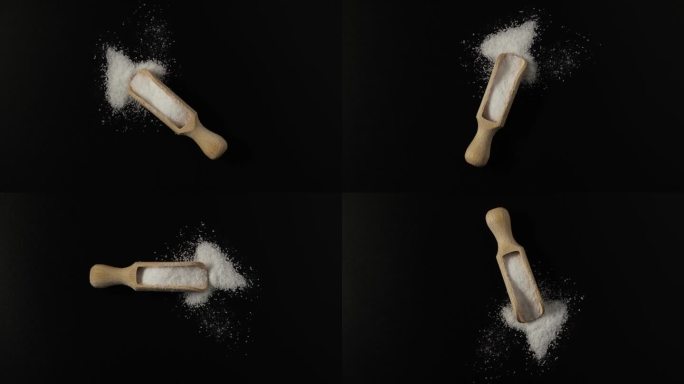 木勺装阿斯巴甜粉，俯视图。视频,旋转。食品添加剂E951，在食品和饮料中用作代糖的人工甜味剂。化学式