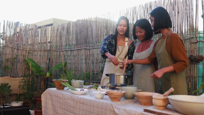 快乐的亚洲母亲和成年的女儿在后院准备传统的泰国菜——成年的女儿在汤里加酱油