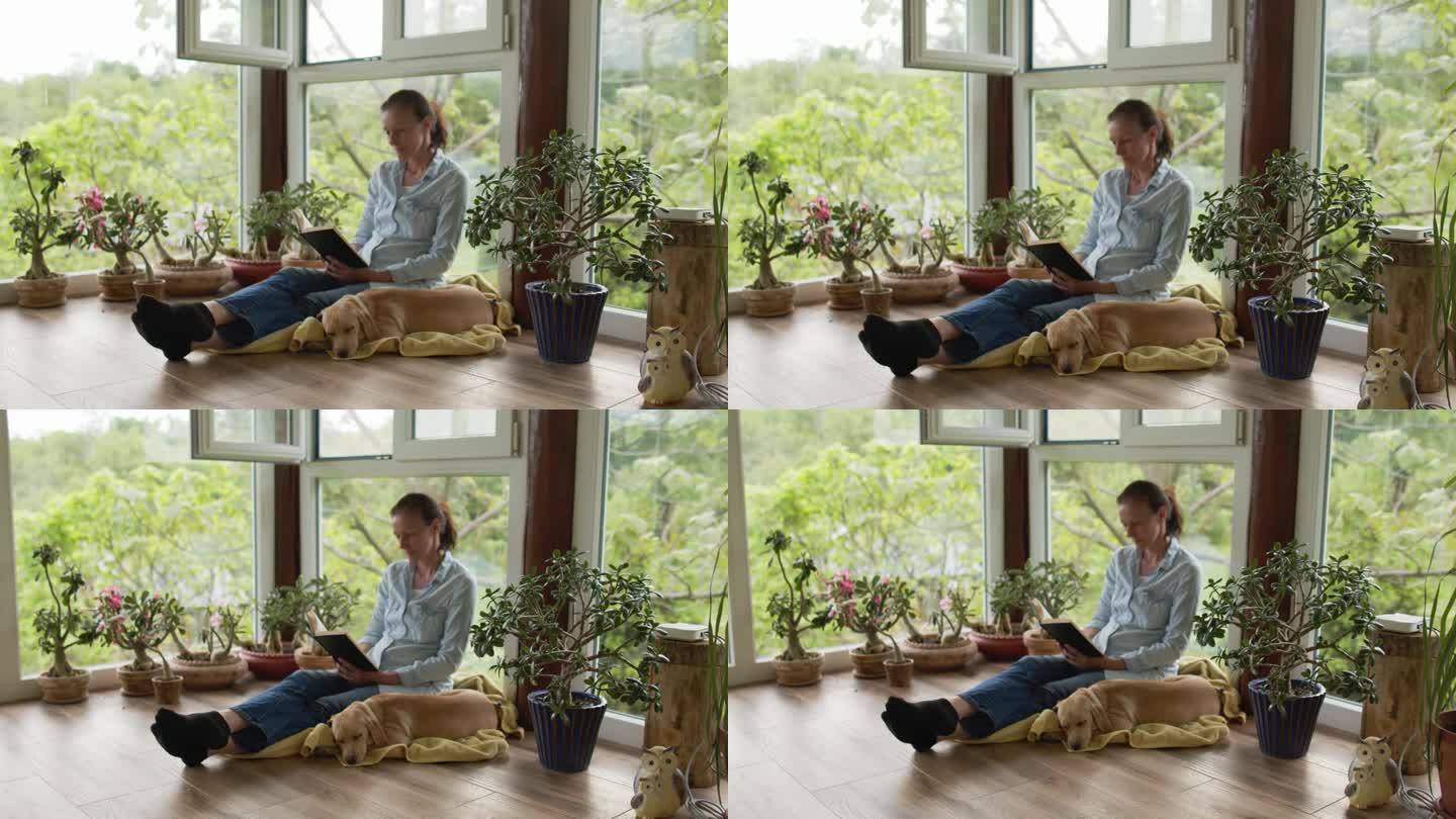 女人坐在毯子上，看书，抱着躺在她旁边的狗