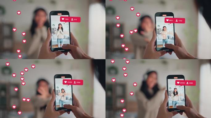 快乐的年轻亚洲视频博主网红女人和她的朋友一起用智能手机相机拍摄舞蹈视频，在社交媒体上分享视频，展示点