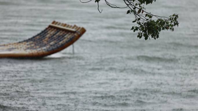 在湖中的竹筏雨景