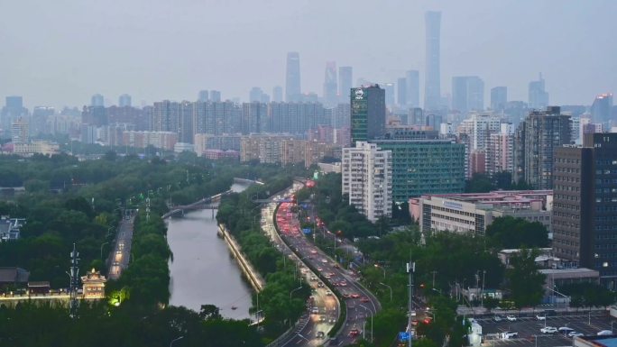 北京眺望国贸CBD日转夜延时