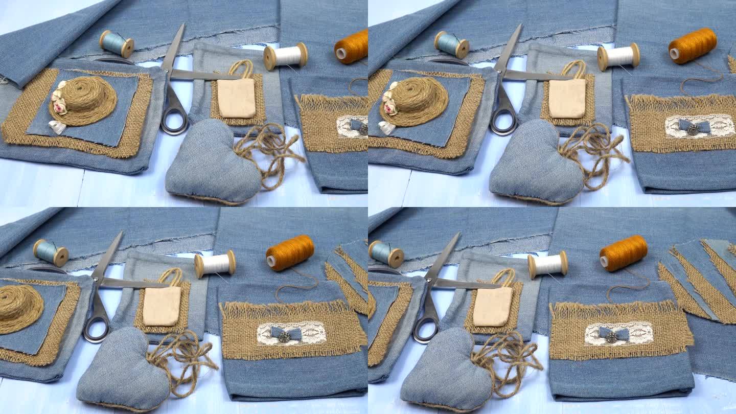 手工制作的旧牛仔布和缝纫配件。