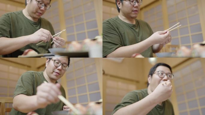 不要互相摩擦筷子。一个亚洲男人在和朋友聊天的时候把筷子掰开摩擦在一起，然后伸手去拿三文鱼寿司，一边吃