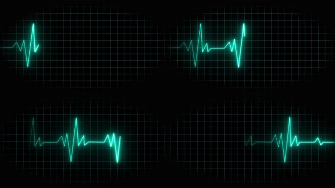 霓虹闪烁的蓝色心脏脉搏心跳速率。彩色心率和脉搏在黑色网格屏幕上，无缝和循环运动的动画镜头