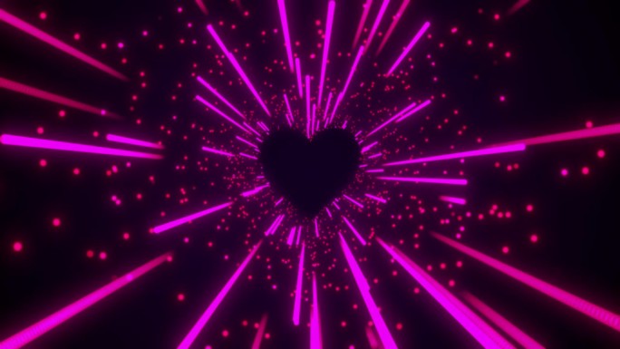 心的情人节动画闪亮的心粒子爆炸，星光闪耀。发光闪闪的飞沫，迷人的粉紫色背景