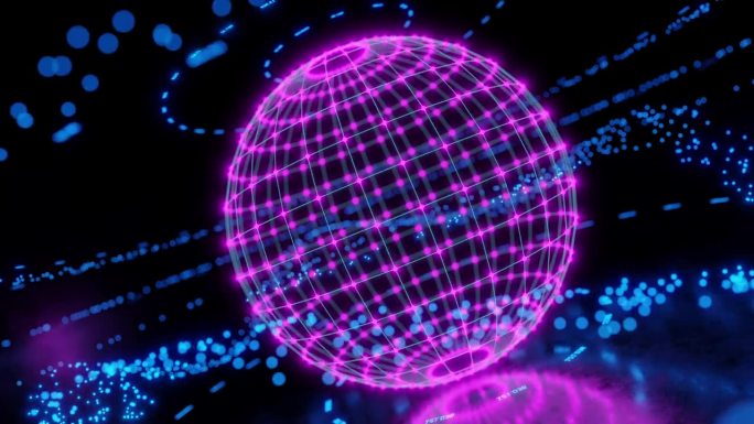 霓虹灯的背景。霓虹粉色气球。未来的背景。科技霓虹背景。相机围绕一个带有网格的球体旋转。