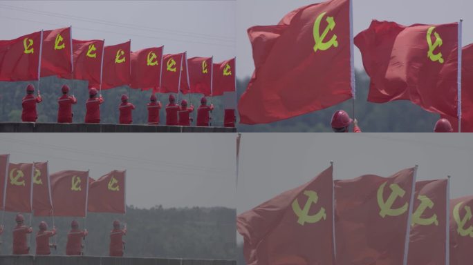 中国石油工人扛党旗跑