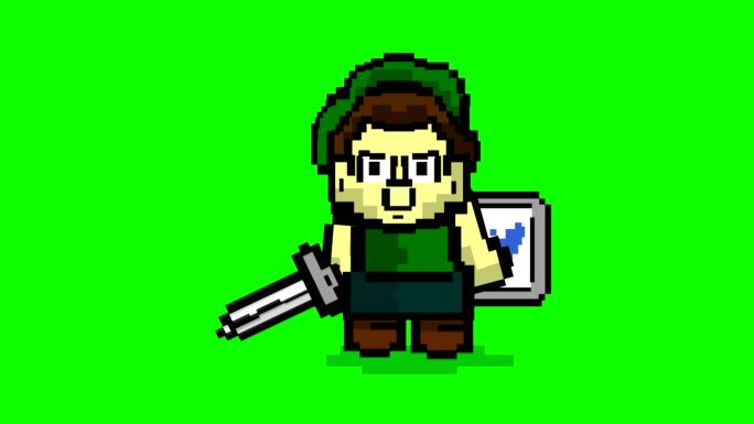 一个老式游戏的像素动画，一个戴着绿帽子、拿着剑和盾的男孩在绿色背景下向前走，2d。