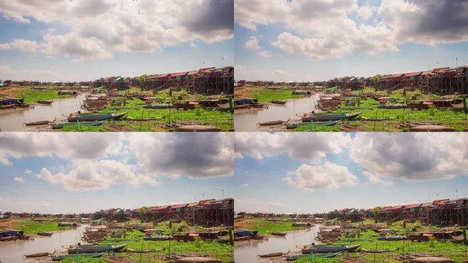 柬埔寨高跷村上空云层的时间流逝