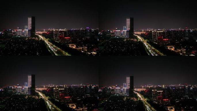 航拍杭州彩虹快速路与滨江城市夜景