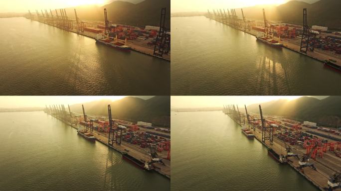 4k航拍珠海港货运码头集装箱塔吊作业