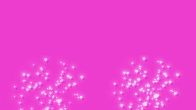 粉红色的烟花与心形形成粒子效果动画，情人节，节日，贺卡，夜间庆祝活动，发光的烟花表演股票视频