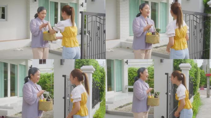 一个刚搬回家的漂亮的年轻女子拿着一篮子水果和蔬菜给一个中年女邻居作为交朋友的方式。