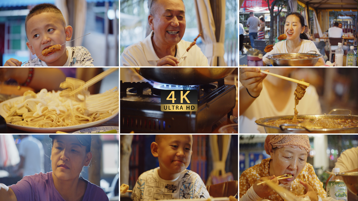 【4K】一家人孩子老人美女吃烧烤