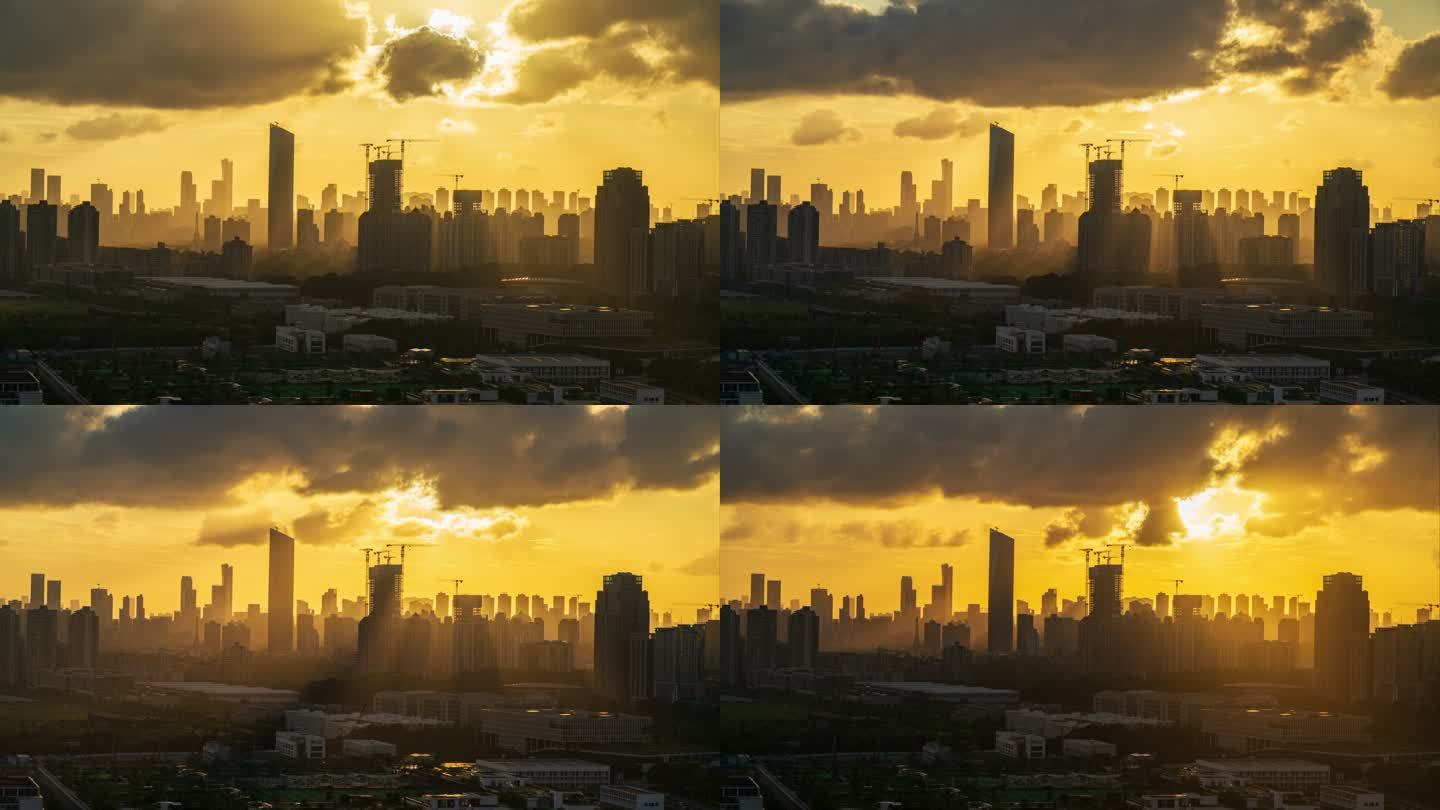 3K延时素材城市剪影黄昏丁达尔光壮丽景象