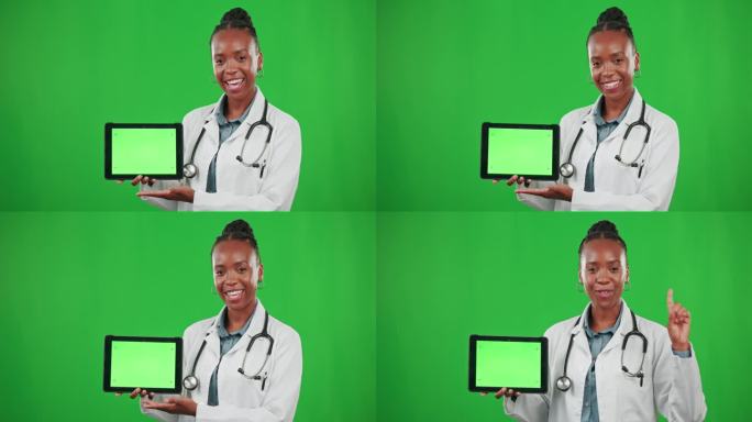 医生肖像，绿屏或黑人妇女手持平板电脑用于营销，广告或产品植入。快乐，数字或非洲女孩对医疗保健诊所标志