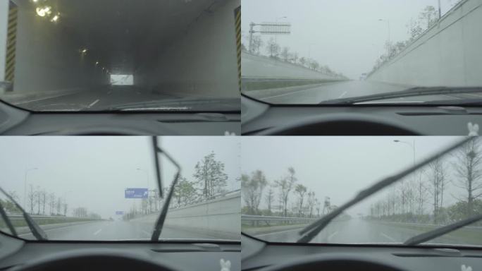 第一视角行驶在雨中的车