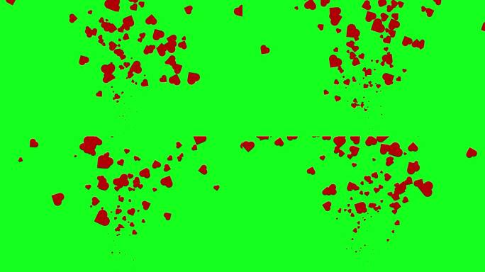 红色的小心脏洪水随机从下面弹出，在绿色的屏幕背景向上的方向