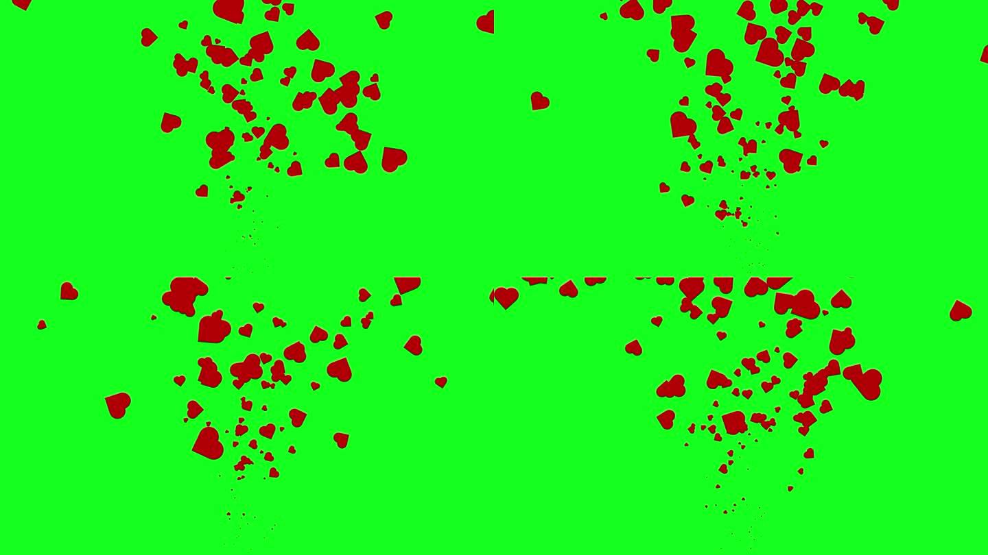 红色的小心脏洪水随机从下面弹出，在绿色的屏幕背景向上的方向