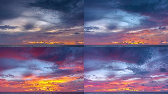 海洋全景。暗橘色的云从白天到夜晚的天空。暴风雨云上壮观的日落。美丽的红色天空。红、紫、橙、蓝、粉红的