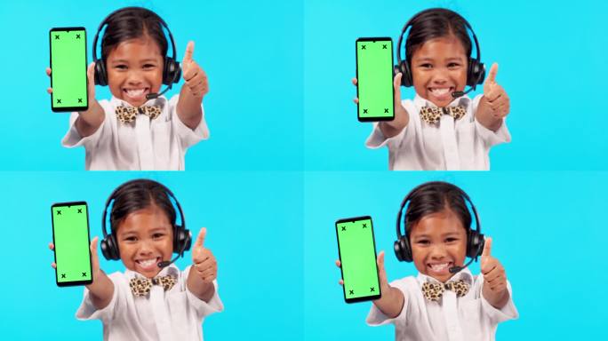 谢谢，一个女孩的肖像，她拿着智能手机和耳机，拇指朝上，蓝色背景代表成功。成就或模型，营销或广告和年轻