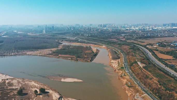 西安渭河河堤泾渭分明河流交汇处4K航拍