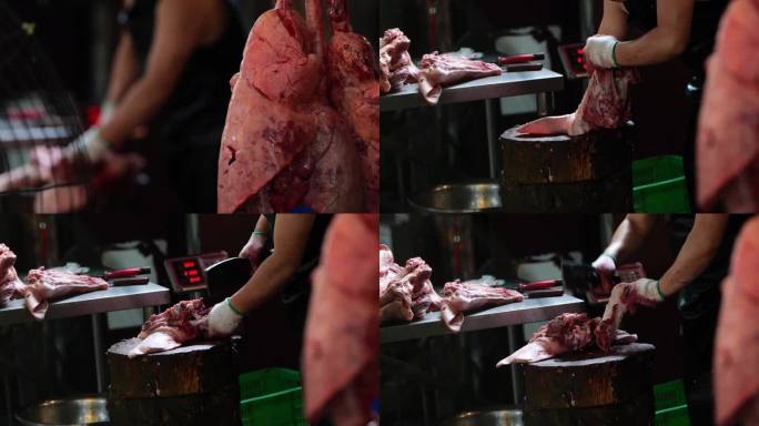 菜市场猪肉档口 杀猪 砍