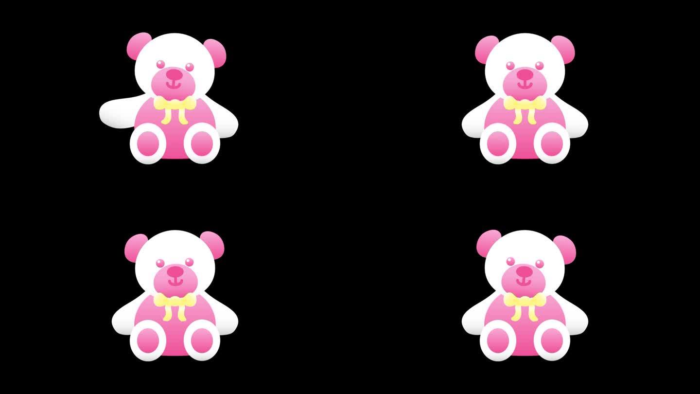 粉红色可爱的泰迪熊挥手打招呼动画，alpha频道包括。